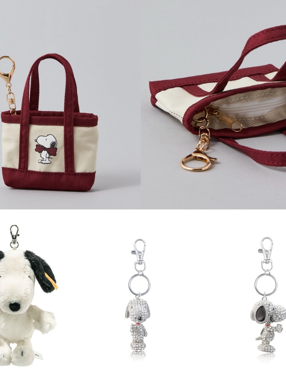 Snoopy AE Mini Tote & Steiff Plush & Pave 3D Rhinestone Bling Keychain Bundle